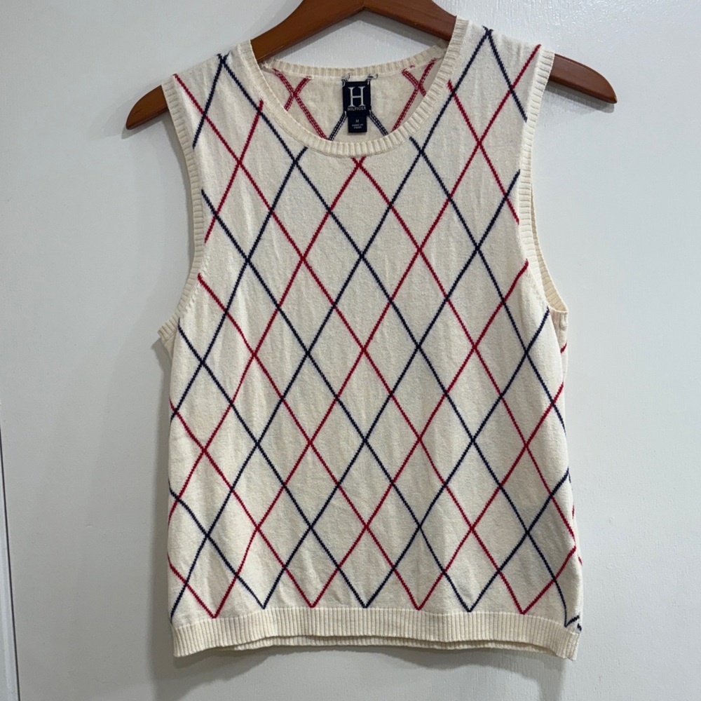 Tommy Hilfiger Sleeveless Argyle Knit Top - Cream, Red, and Blue